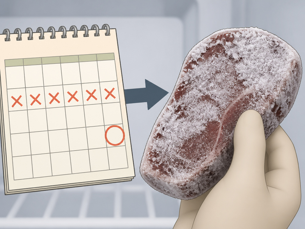 Freezer burned steak next to a calendar illustrating official storage timelines.