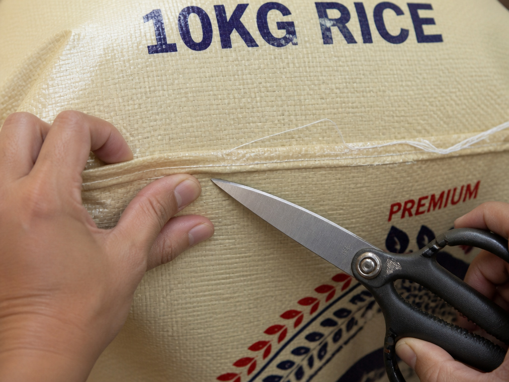 Cutting a large bag of rice below the seam with sturdy shears.
