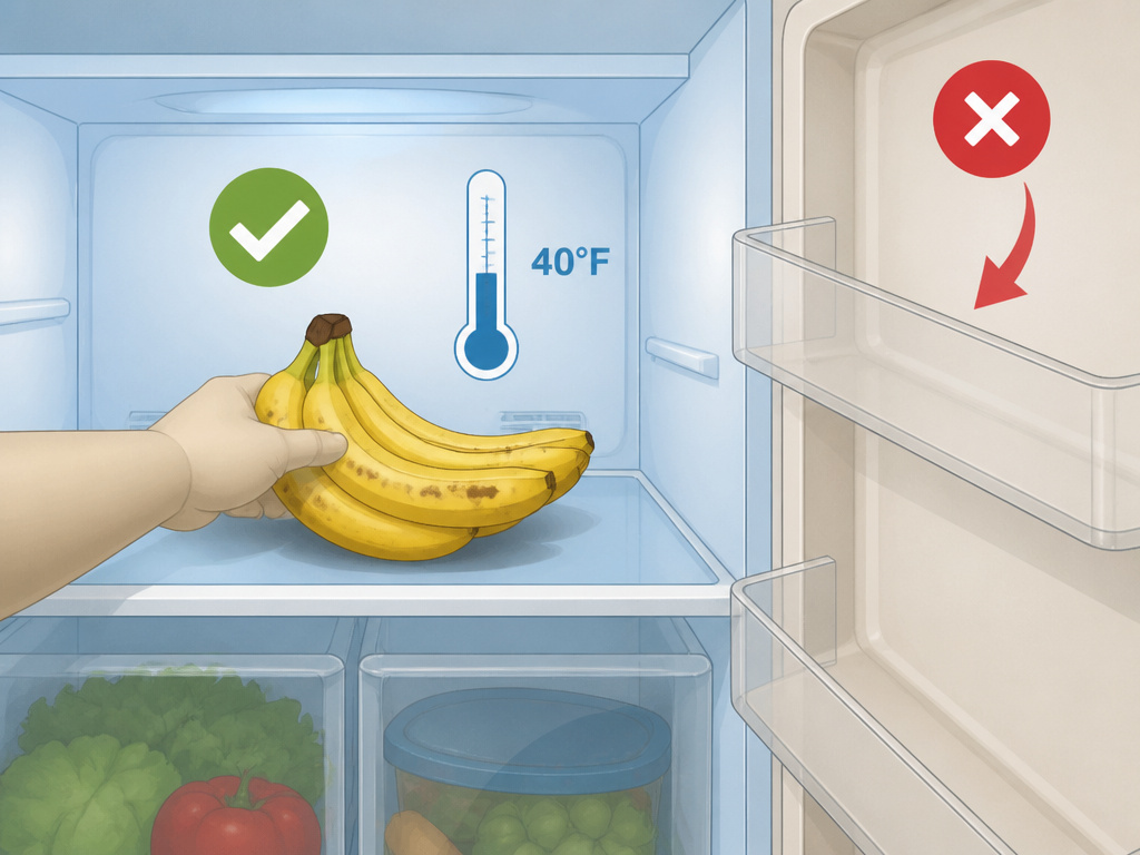 Cartoon diagram showing where to store bananas inside a refrigerator.