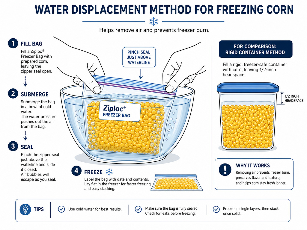 Diagram comparing water displacement and headspace methods for packaging freezer corn.