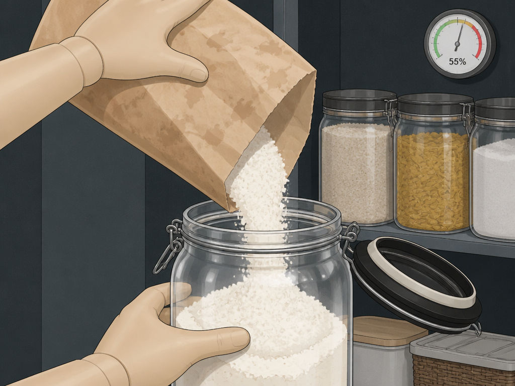Storing dry goods in airtight containers in a cool, dark pantry.