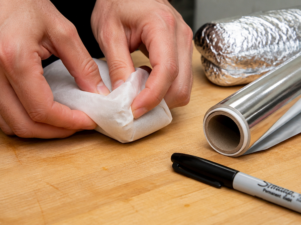 Wrapping a freezer breakfast burrito in parchment paper and aluminum foil.