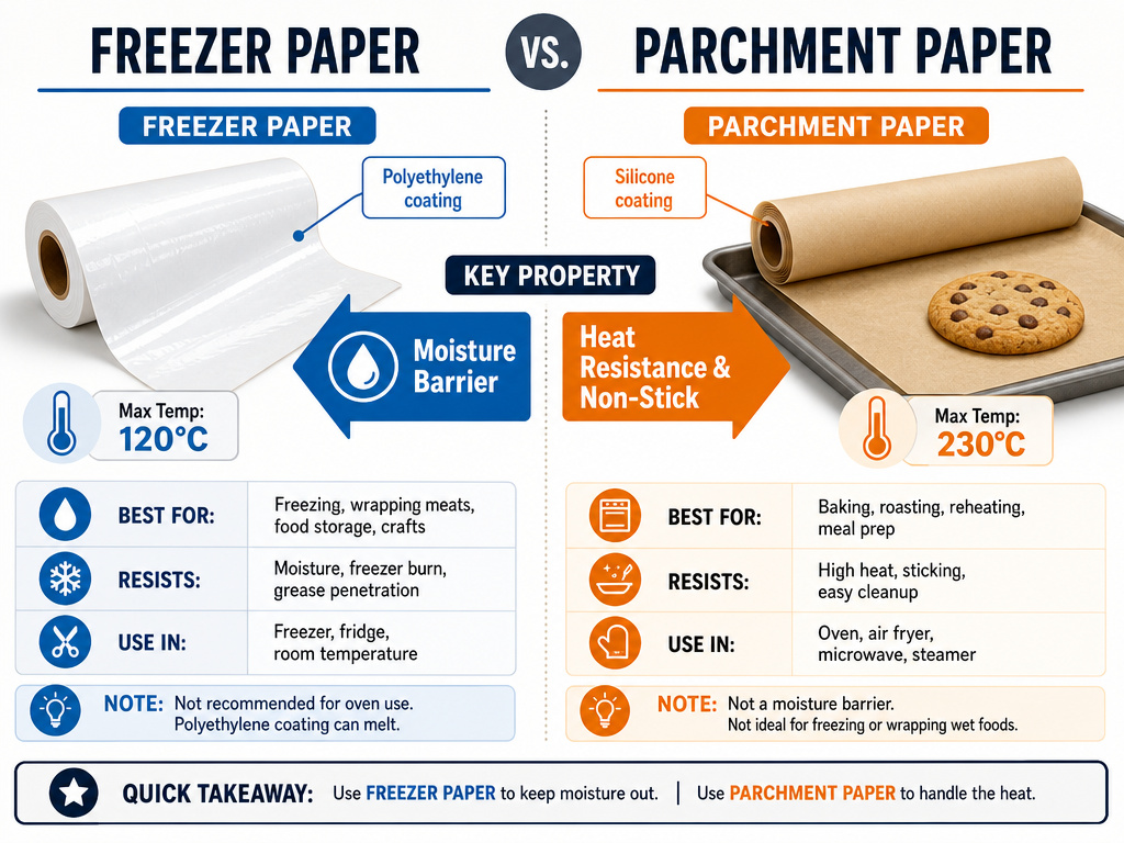 Freezer paper versus parchment paper comparison infographic showing key differences.