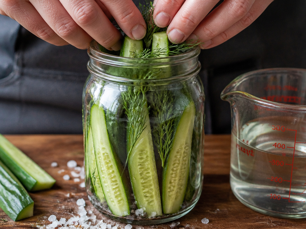 Hands preparing fresh vegetables in a jar for pickling with brine and salt.