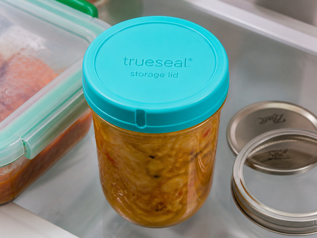 Plastic storage cap on a mason jar in the refrigerator for leftovers.