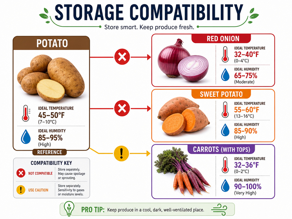 Infographic comparing potato storage conditions to onions, sweet potatoes, and carrots.