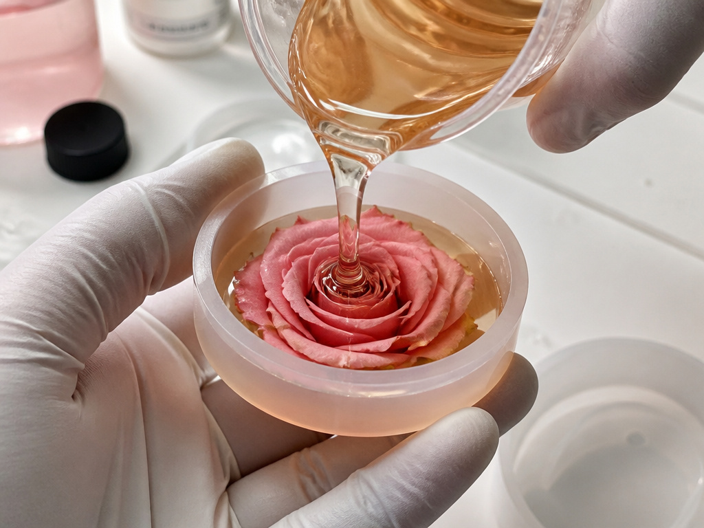 Close-up of hands pouring epoxy resin to preserve a dried pink rose in a mold.
