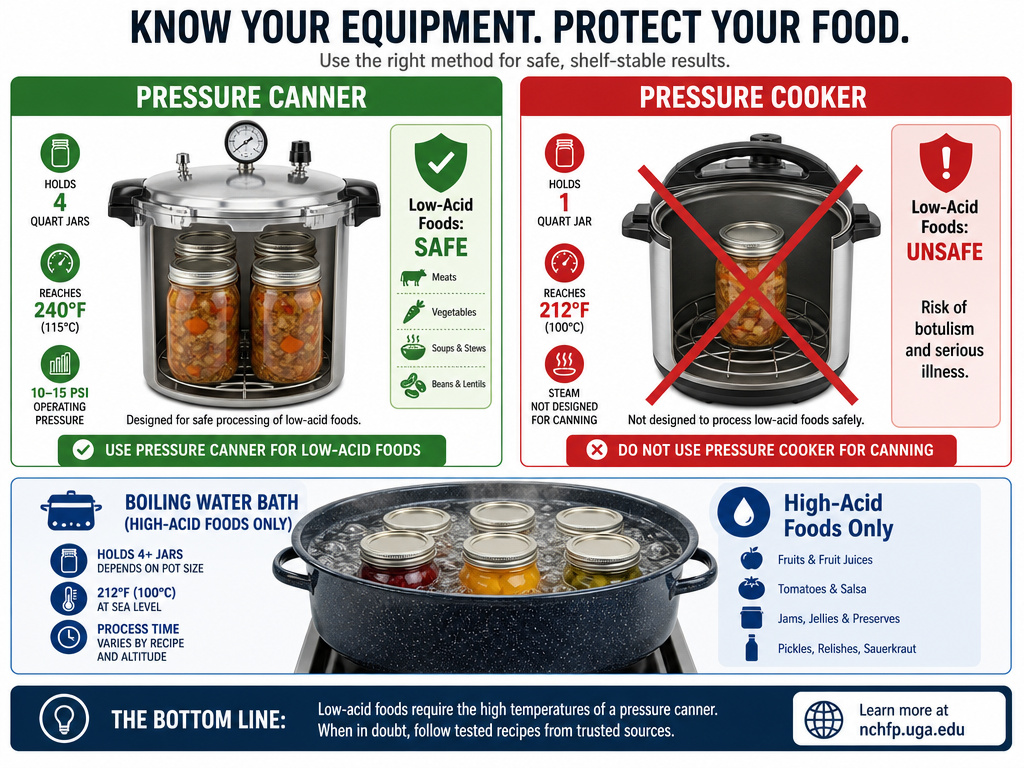 Comparison infographic of safe pressure canner versus unsafe small cooker for canning.