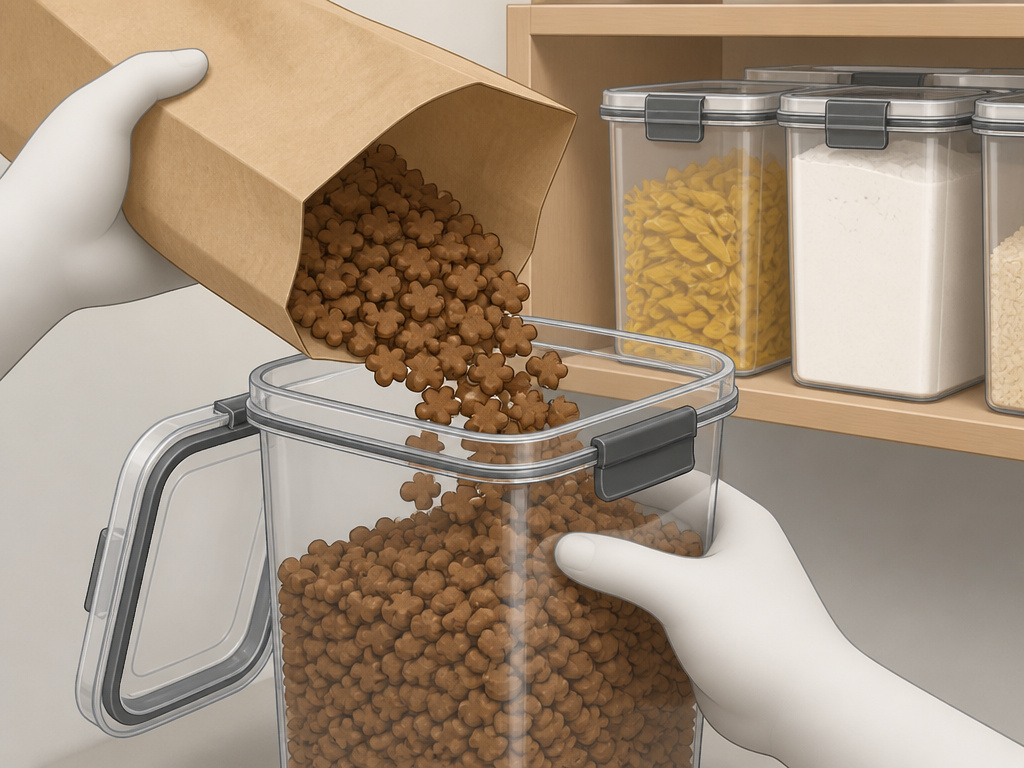 Sealing pet food in an airtight container to prevent pantry beetle reinfestation.