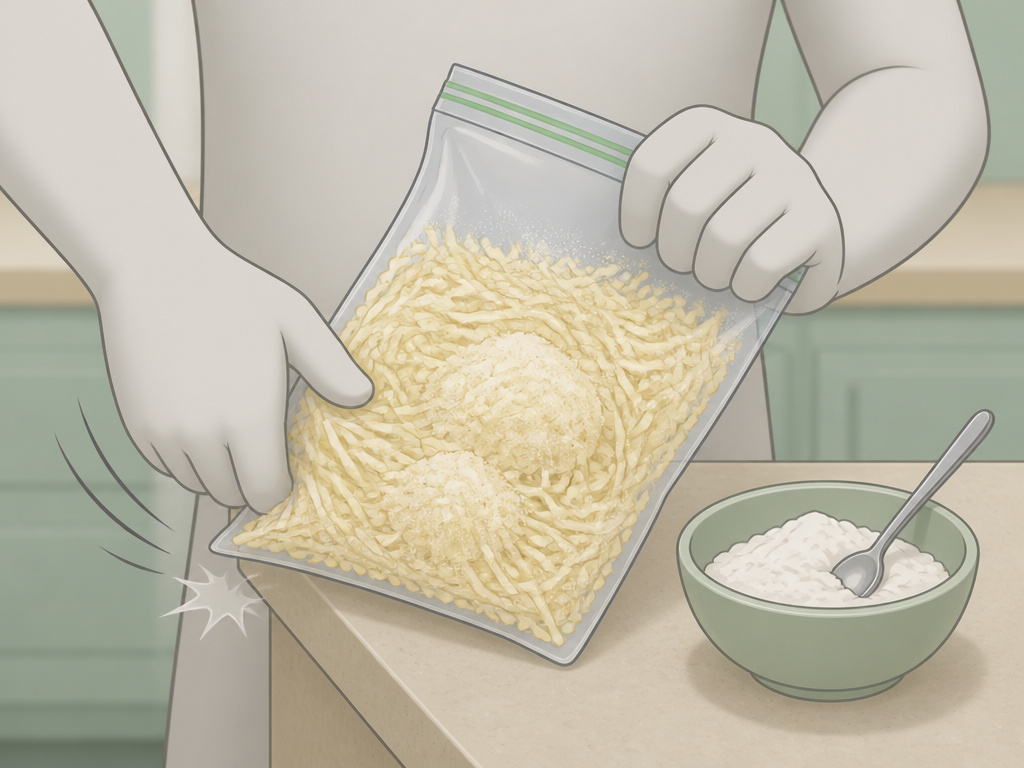 Preventing frozen shredded cheese from clumping in a plastic bag.