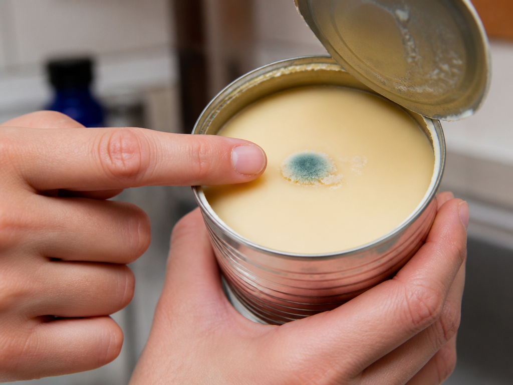 Close-up of spoiled condensed milk with mold in an opened can.