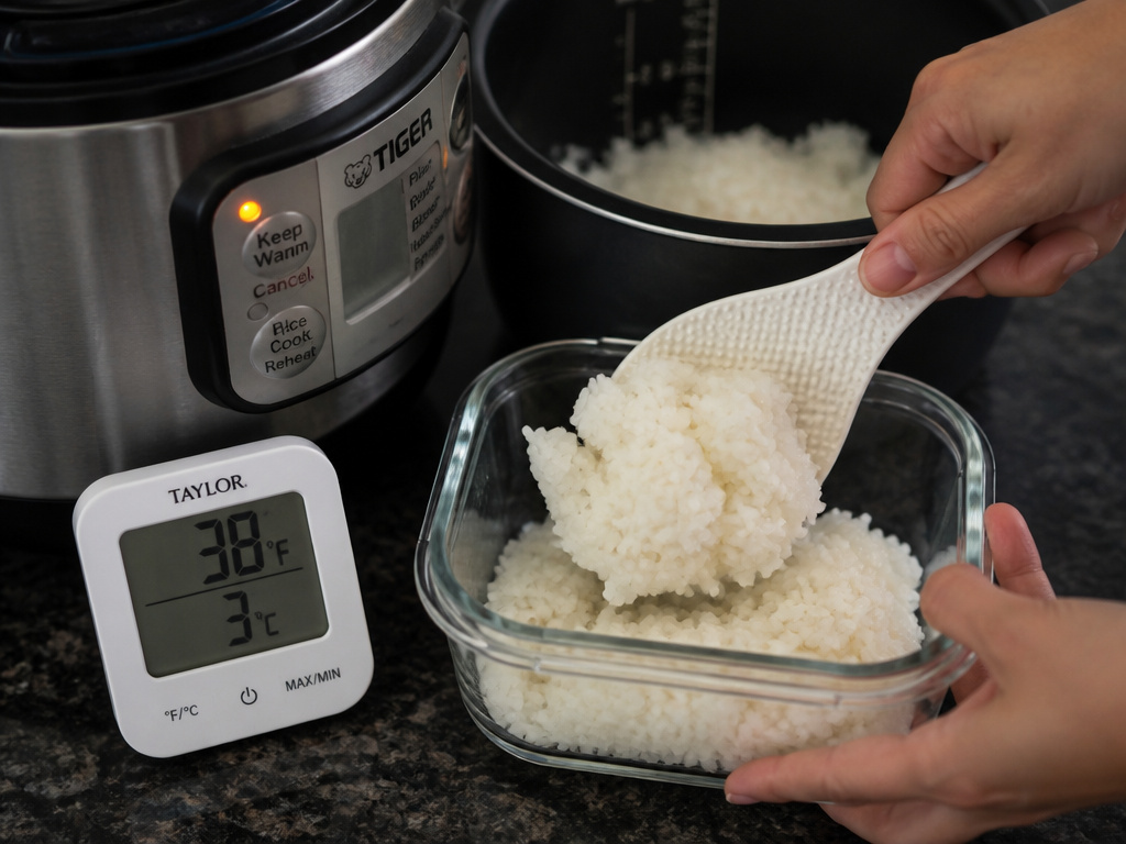 Storing boiled rice by transferring it from a rice cooker to a refrigerator container.