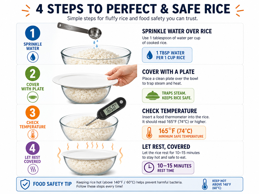 Four-step infographic for safely reheating stored rice to 165°F.