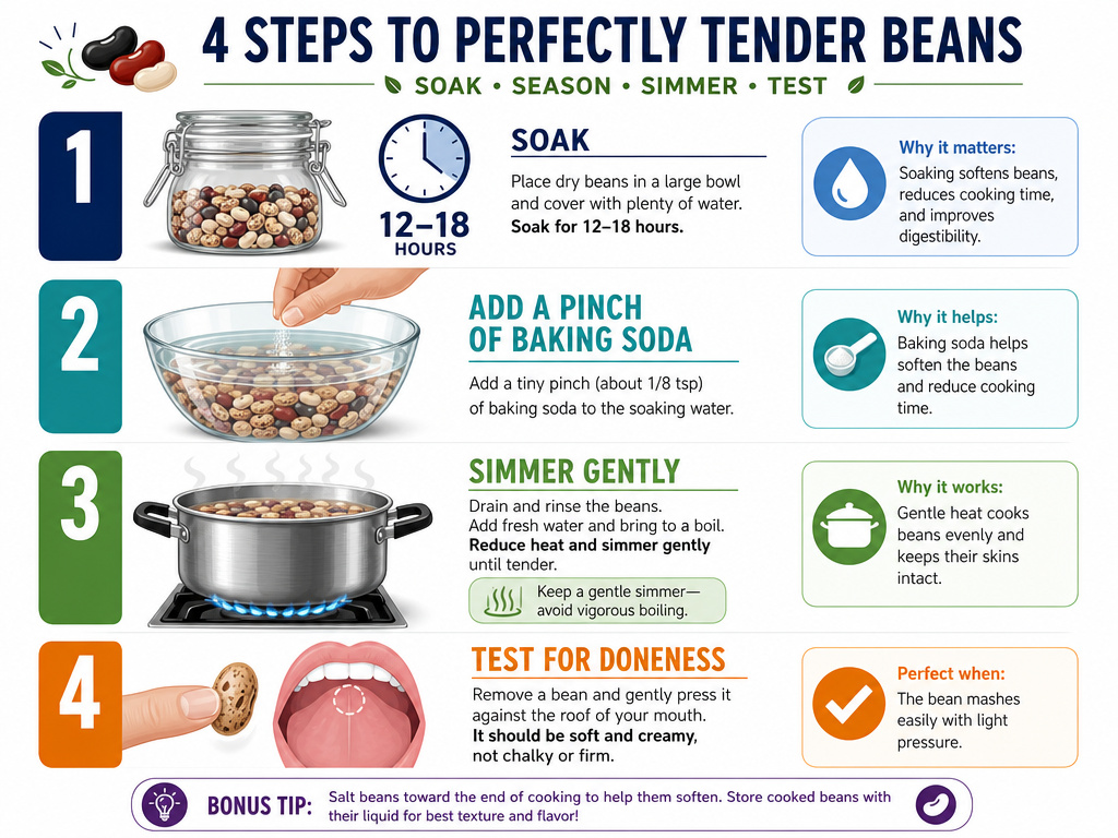 Four-step guide for rehydrating and cooking older, well-preserved dry beans.