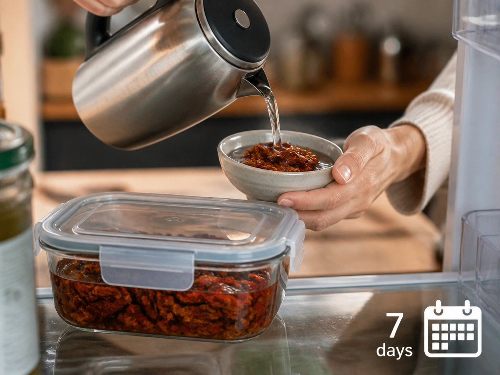 Rehydrating sun-dried tomatoes in hot water and refrigerating leftovers.