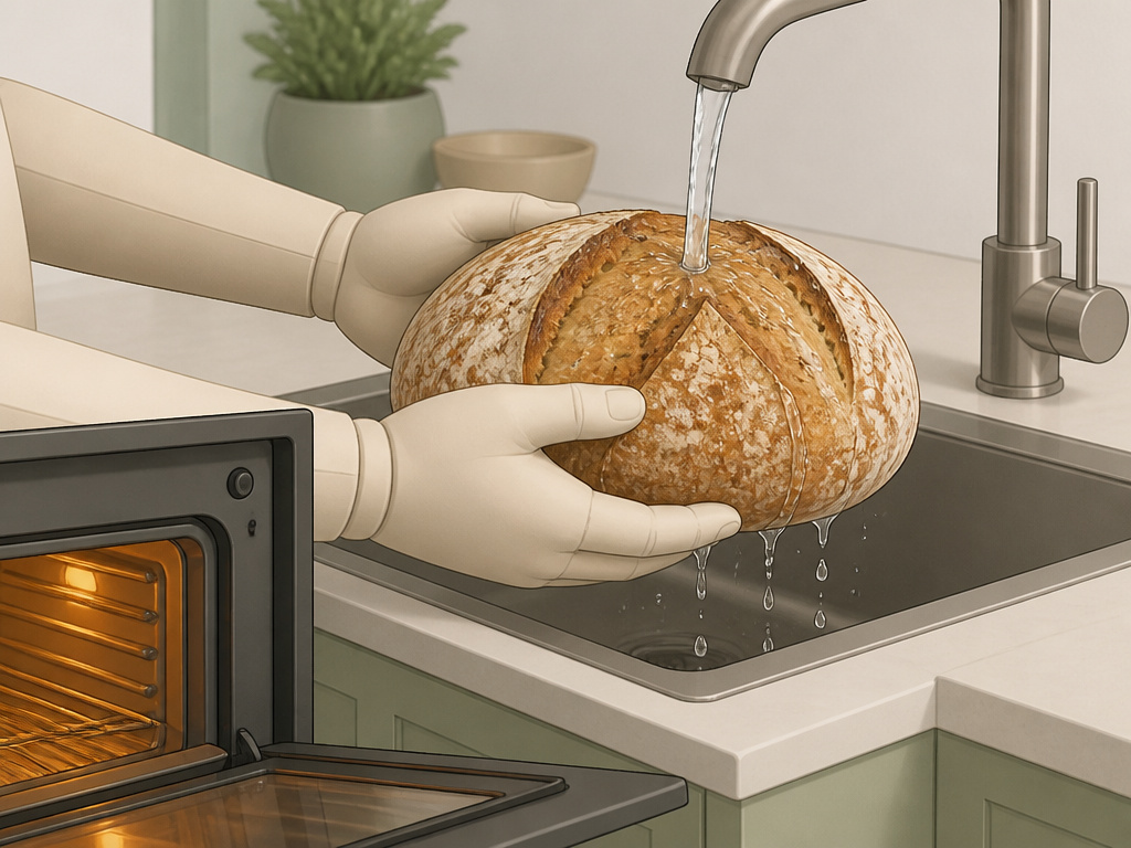 Reviving stale sourdough bread by wetting the crust before oven reheating.