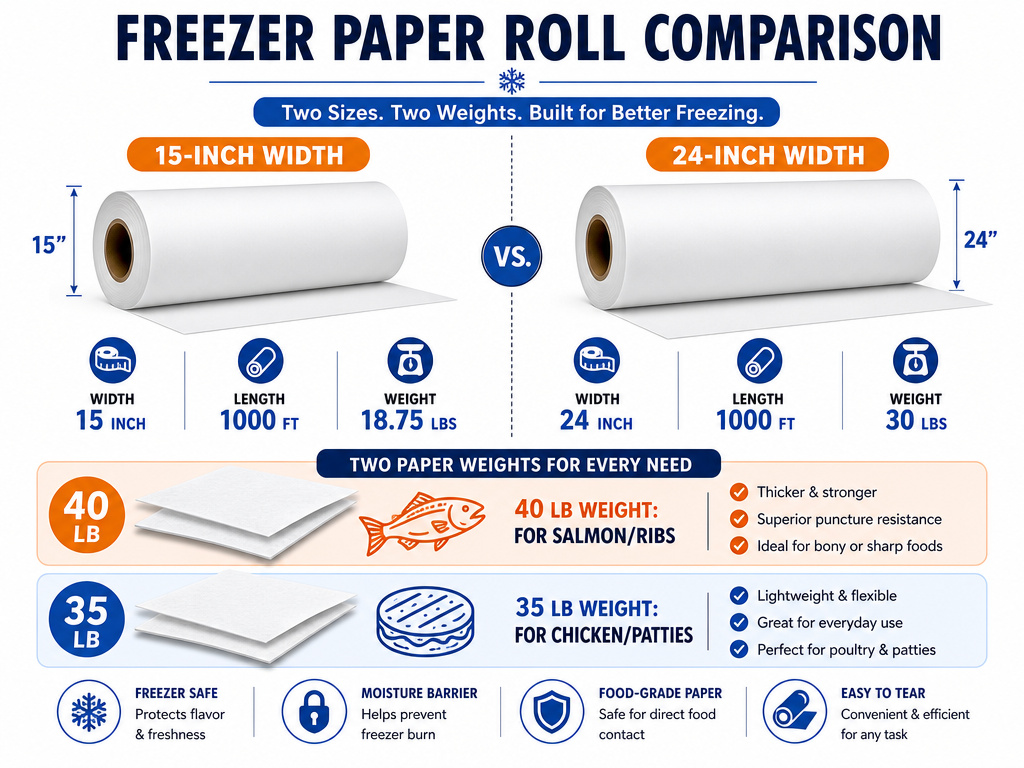 Freezer paper roll and sheet specifications comparing widths, lengths, and weights.