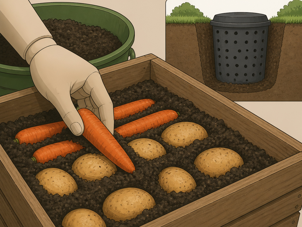 Cartoon diagram of root vegetables layered in sand for cold storage preservation.