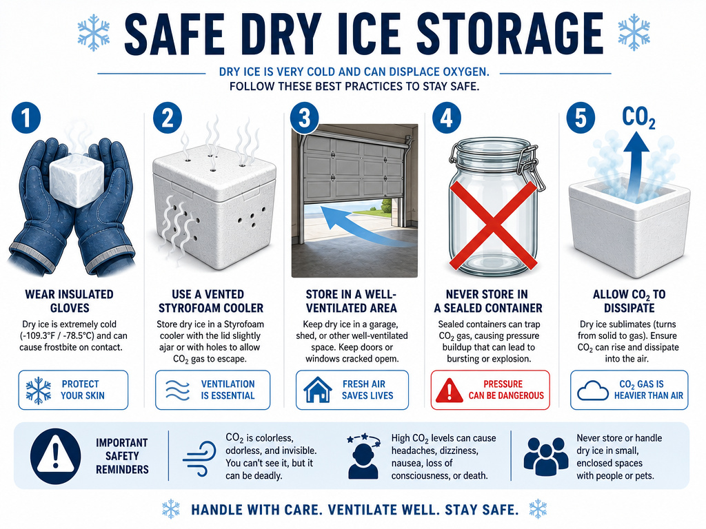 Infographic of five essential rules for safely storing dry ice