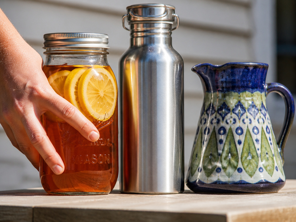 Safer alternatives for sun tea: glass jar, stainless steel bottle, ceramic pitcher