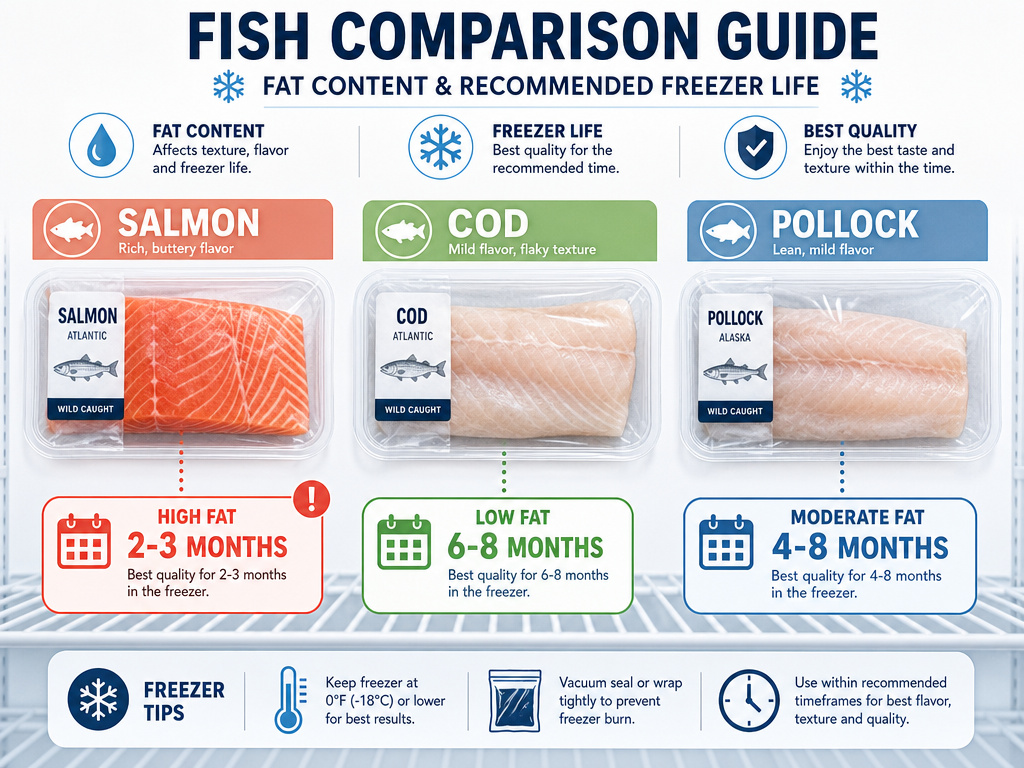 Comparison chart of salmon, cod, and pollock freezer storage times in packaging