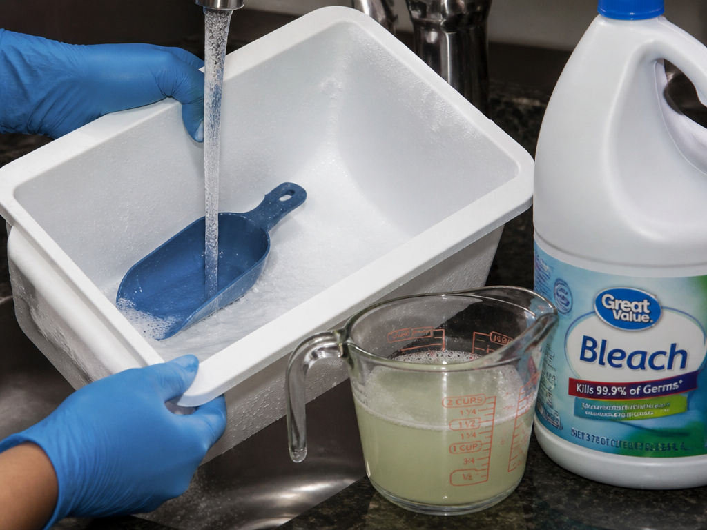 Cleaning an ice maker's removable bin and scoop with bleach solution.