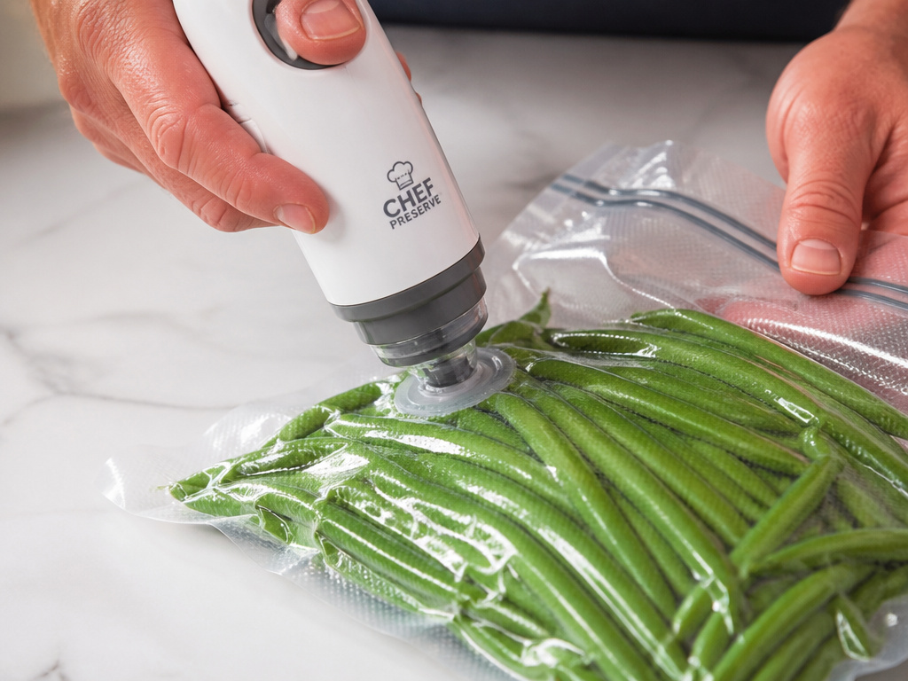 Close-up hands sealing food with a Chef Preserve handheld vacuum sealer.