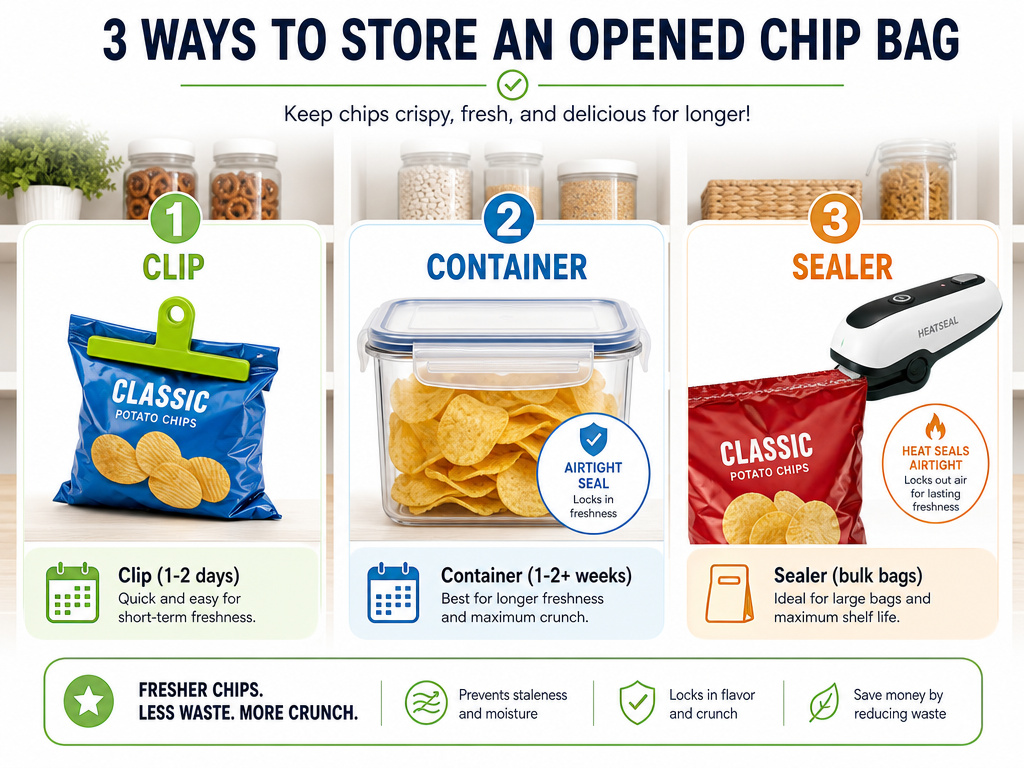 Three methods for resealing chip bags: clips, containers, and heat sealers.
