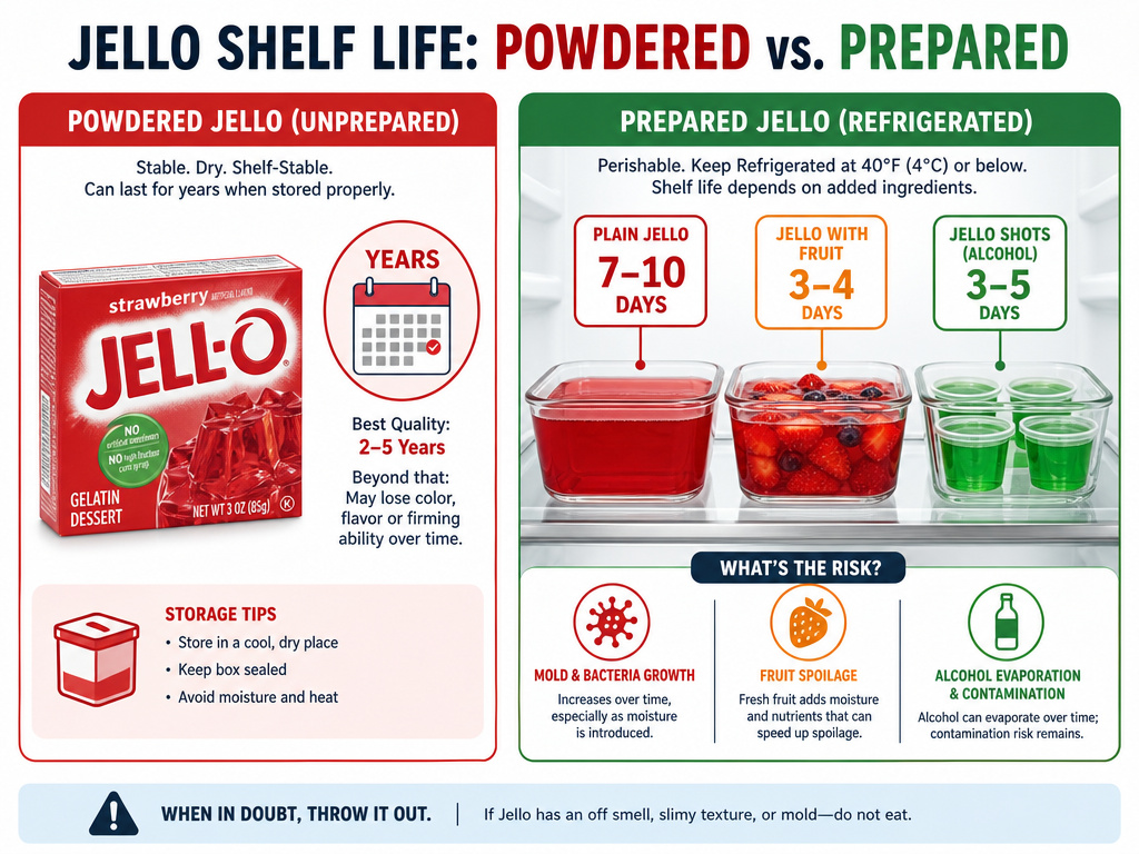 Infographic comparing shelf life of Jello powder versus prepared Jello in fridge.