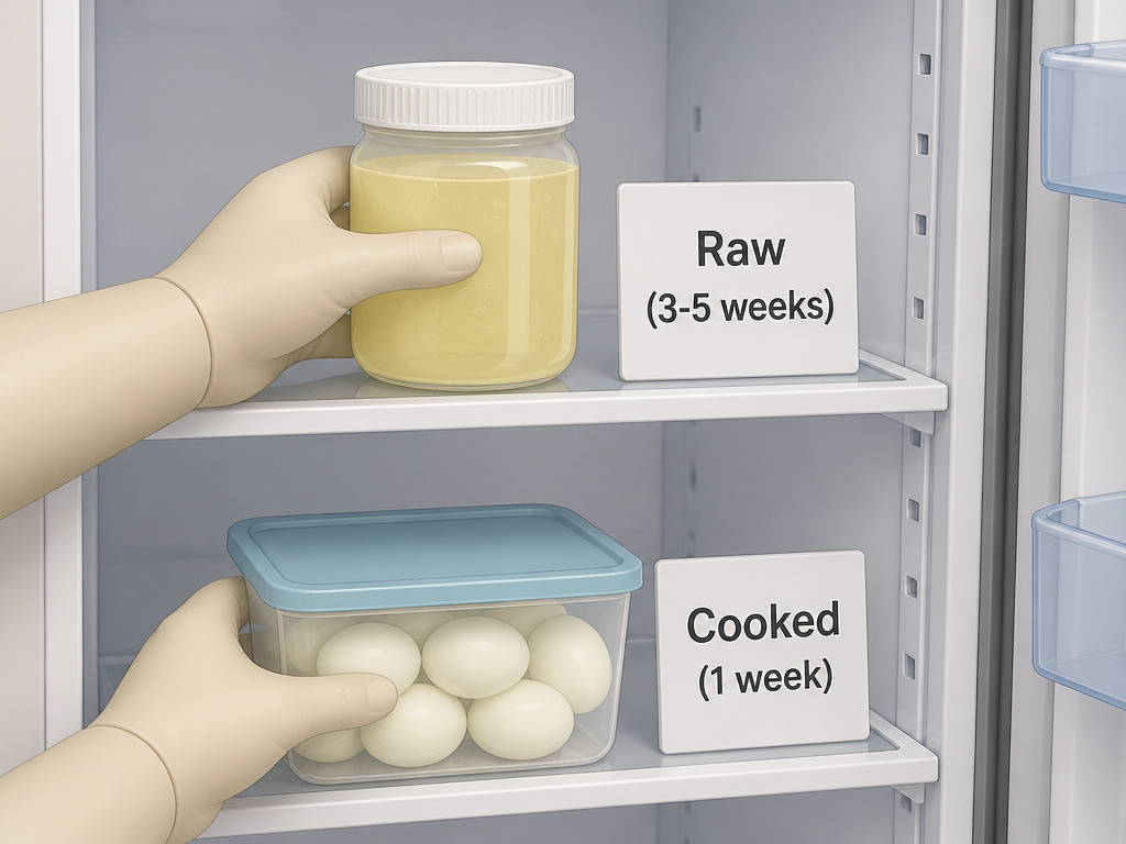 Cartoon diagram comparing refrigerator storage for raw and cooked eggs.