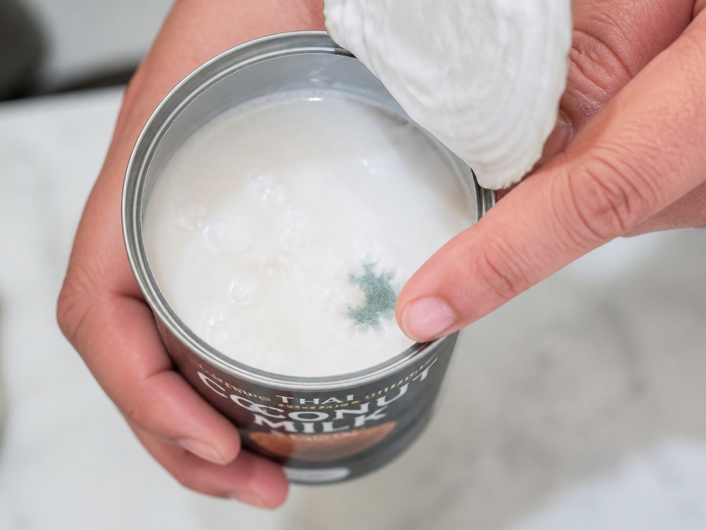 Close-up of spoiled coconut milk showing mold growth in an open can.