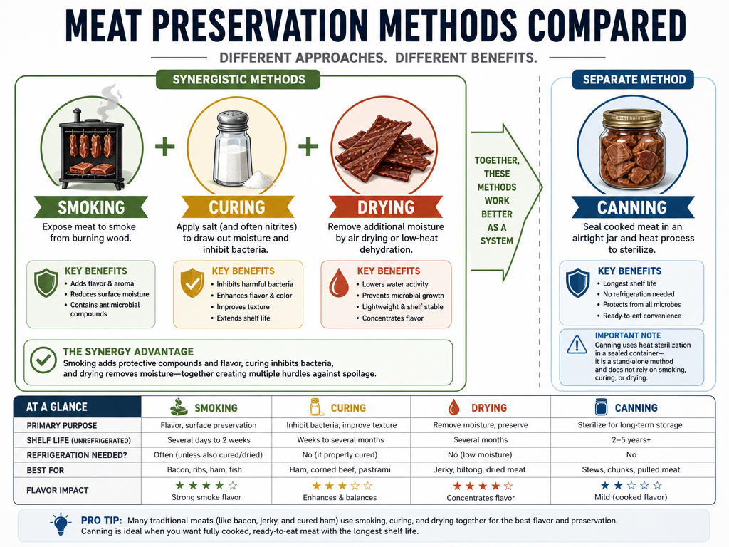 Comparison chart of smoking, curing, drying, and canning meat preservation methods.