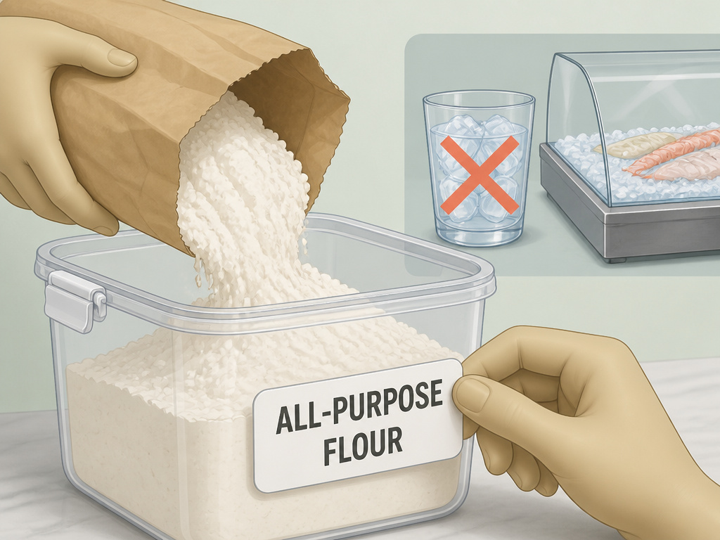Proper storage for opened dry goods and separating ice for cooling versus consumption.