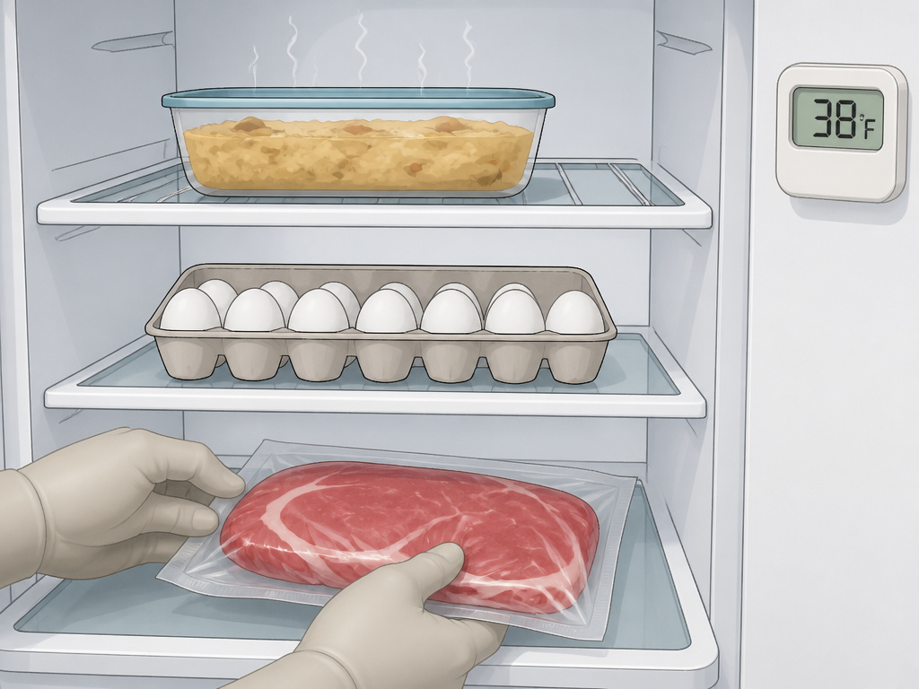 Cartoon of refrigerator interior showing raw meat on bottom shelf and cooling leftovers above
