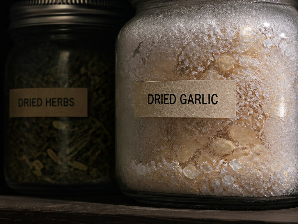 Storing dried garlic in freezer and dried herbs in dark pantry for long-term preservation.