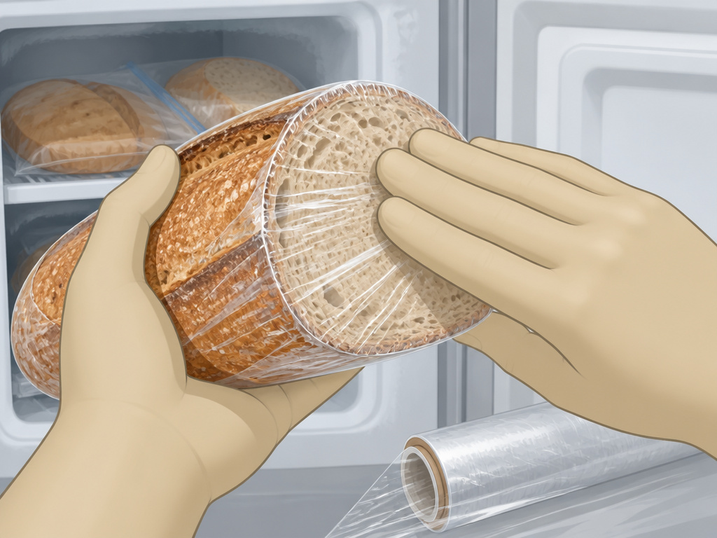 Hands wrapping a cut sourdough loaf in plastic before placing it in the freezer.
