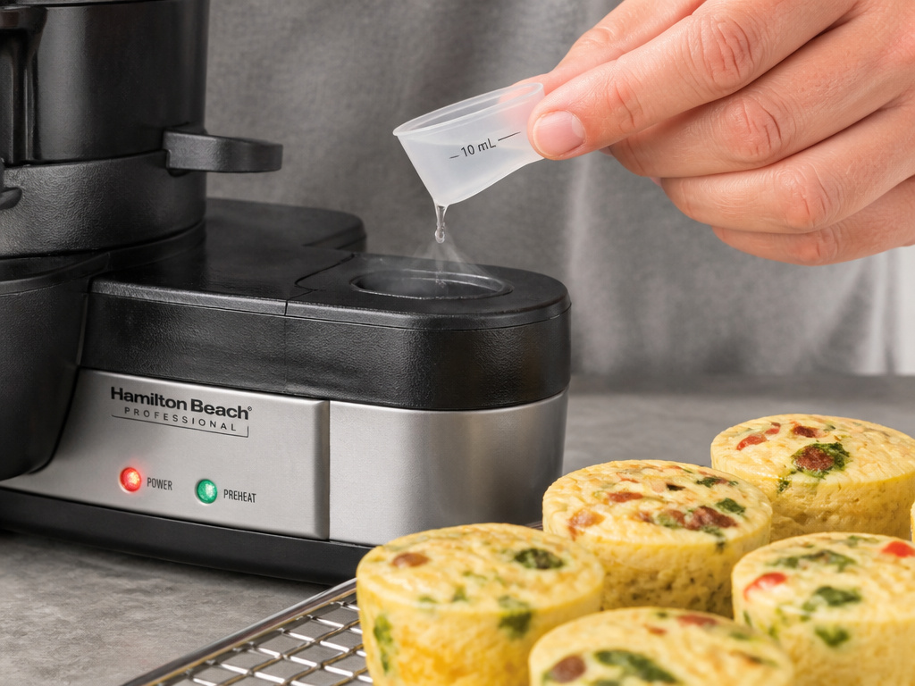 Adding extra water to a hot egg bite maker for proper cooking before storage.