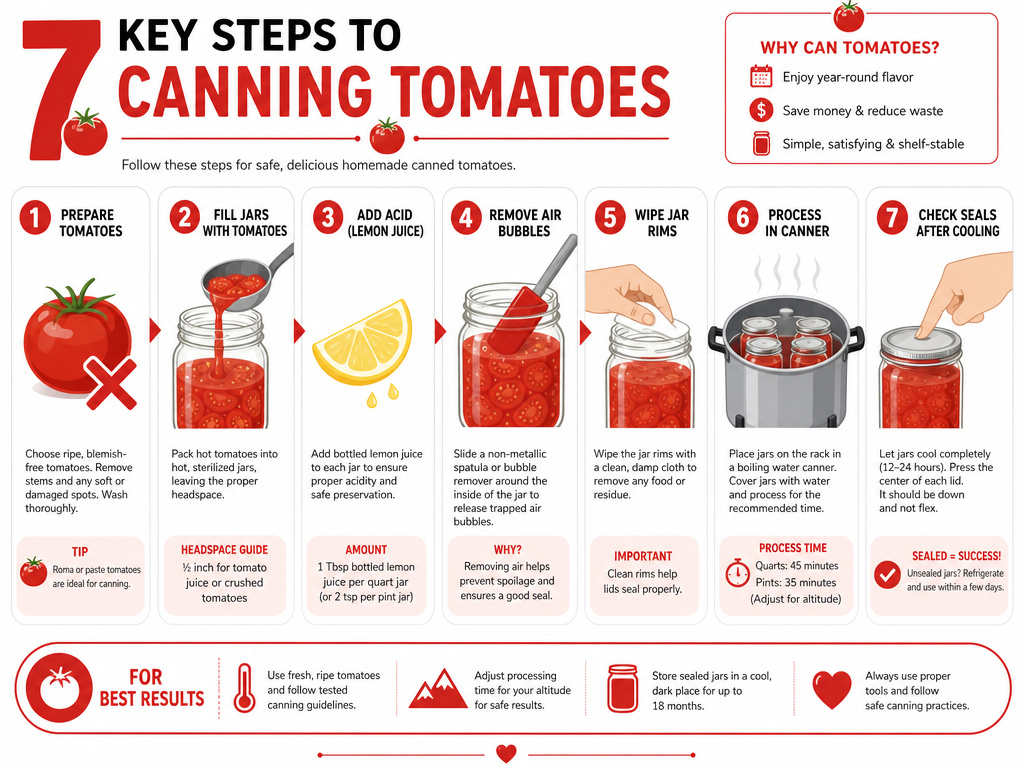 Infographic of the seven essential steps for safely canning tomatoes at home.