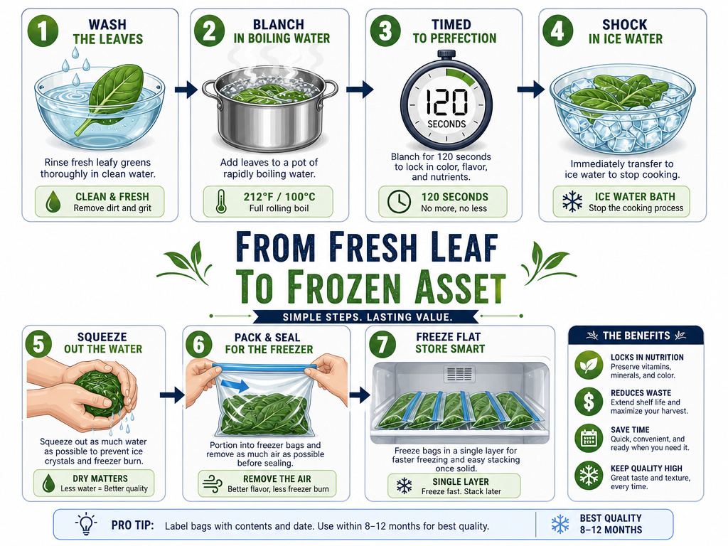 Step-by-step infographic for freezing spinach in a bag, from washing to freezing.