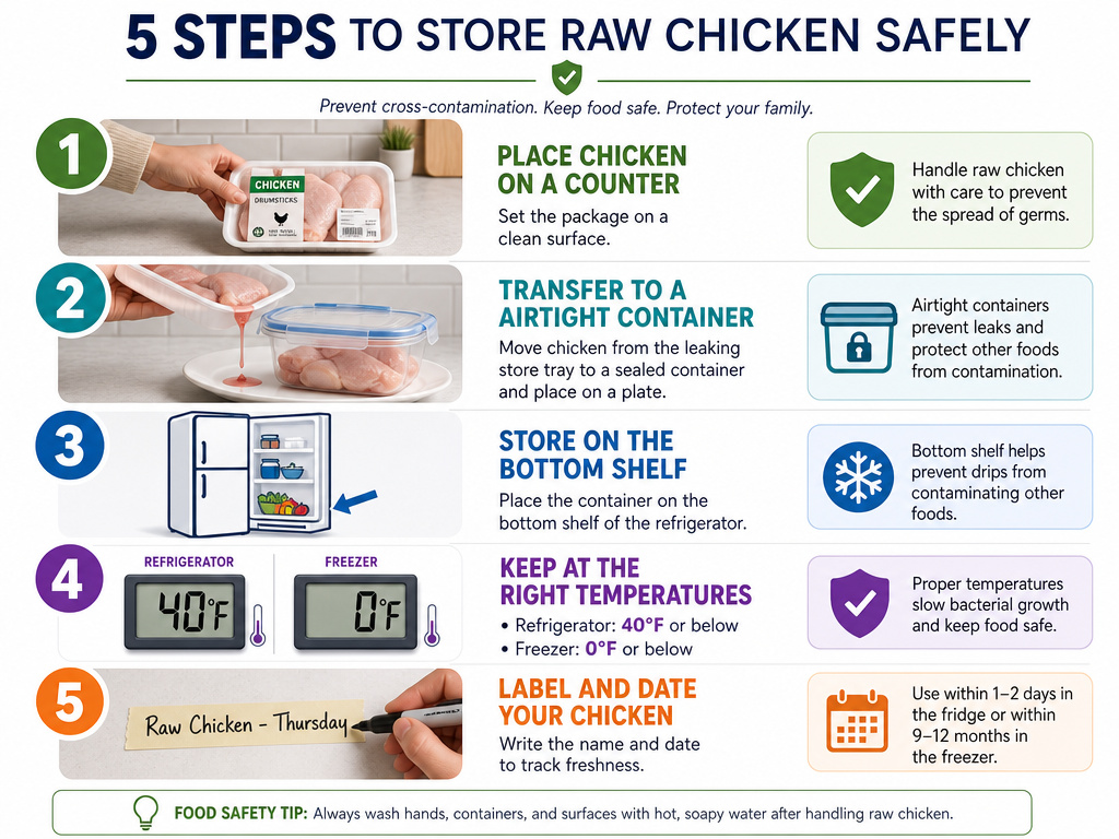 Infographic showing five steps for safely storing raw chicken at home.