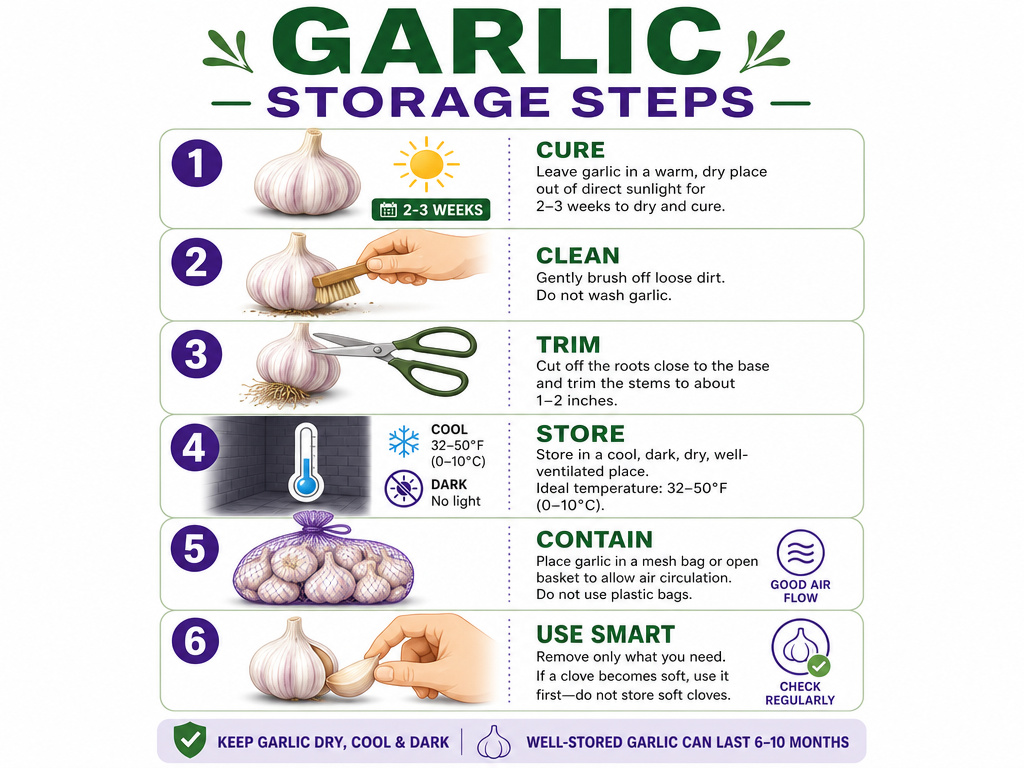 Infographic of six steps for curing and storing garlic bulbs properly.