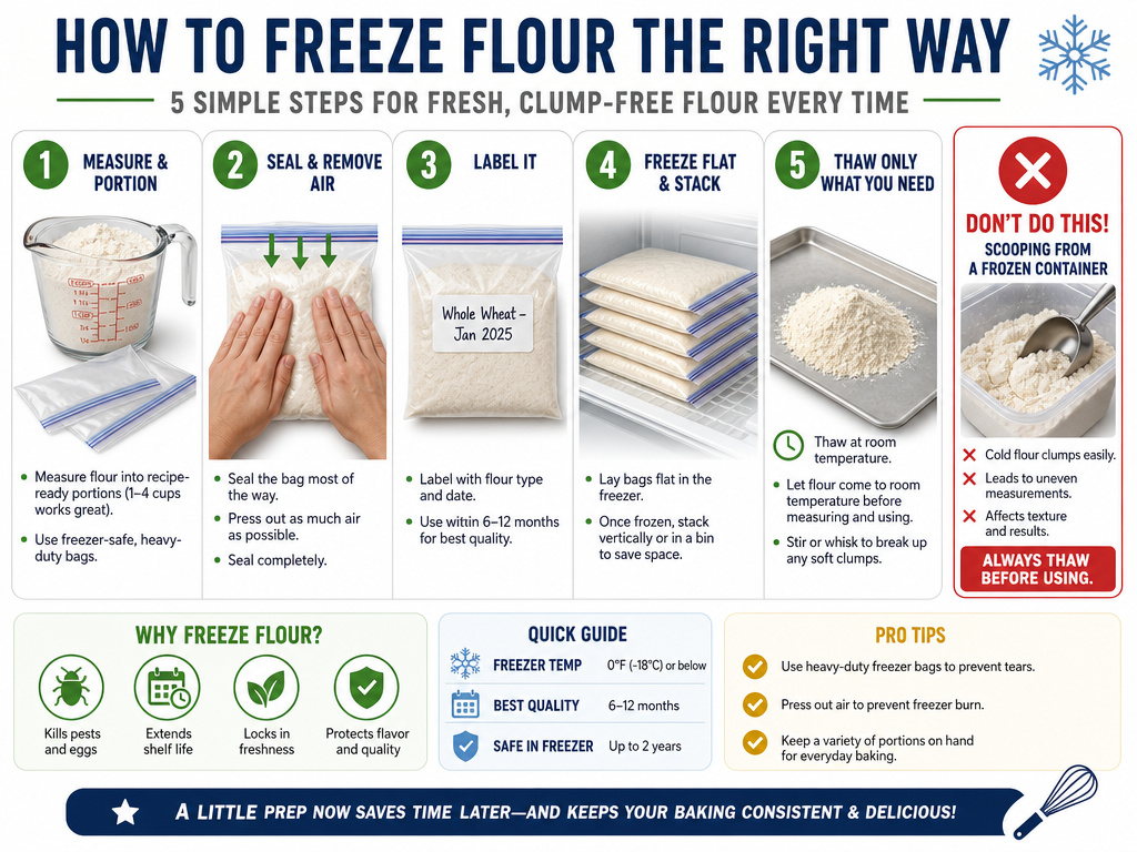Step-by-step infographic for properly freezing flour to prevent moisture.
