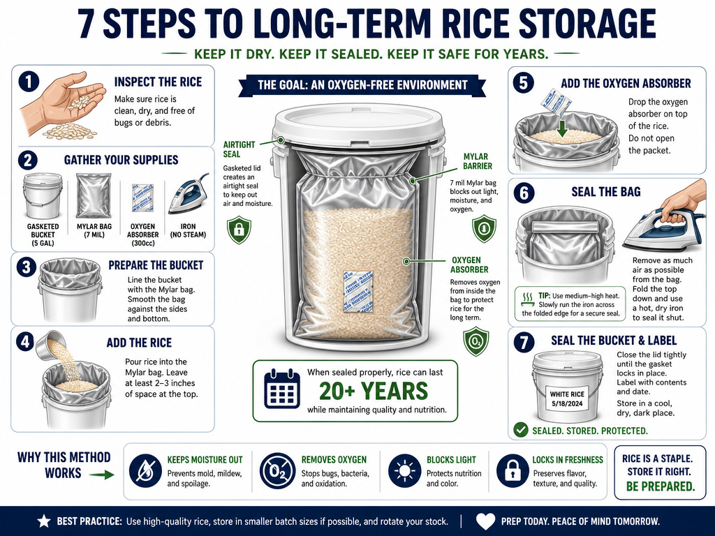 Infographic of seven steps for packing rice in Mylar bags and buckets.