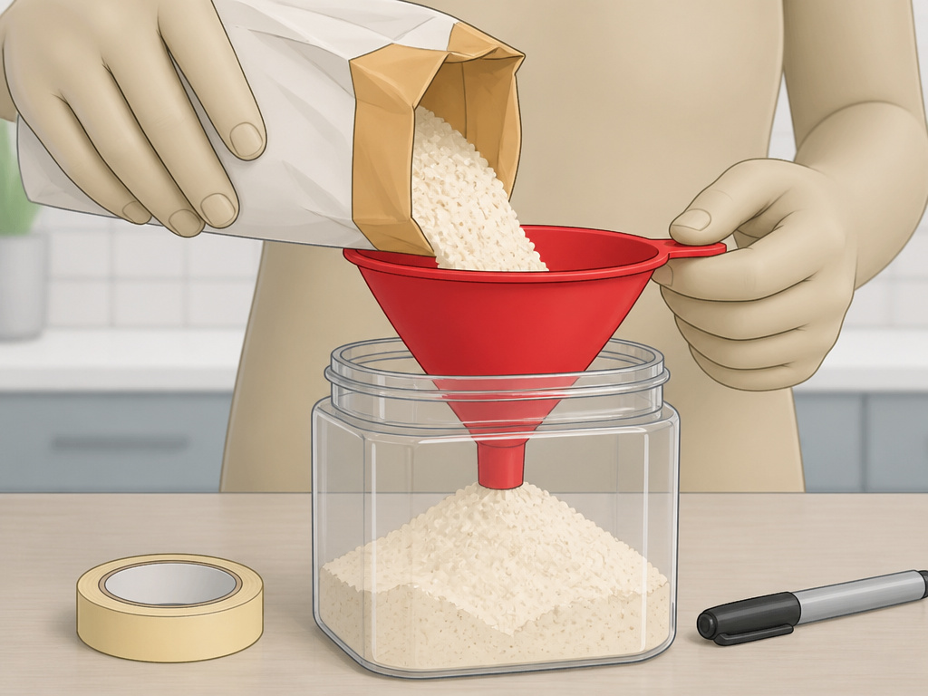 Transferring opened pancake mix into an airtight container for refrigeration.