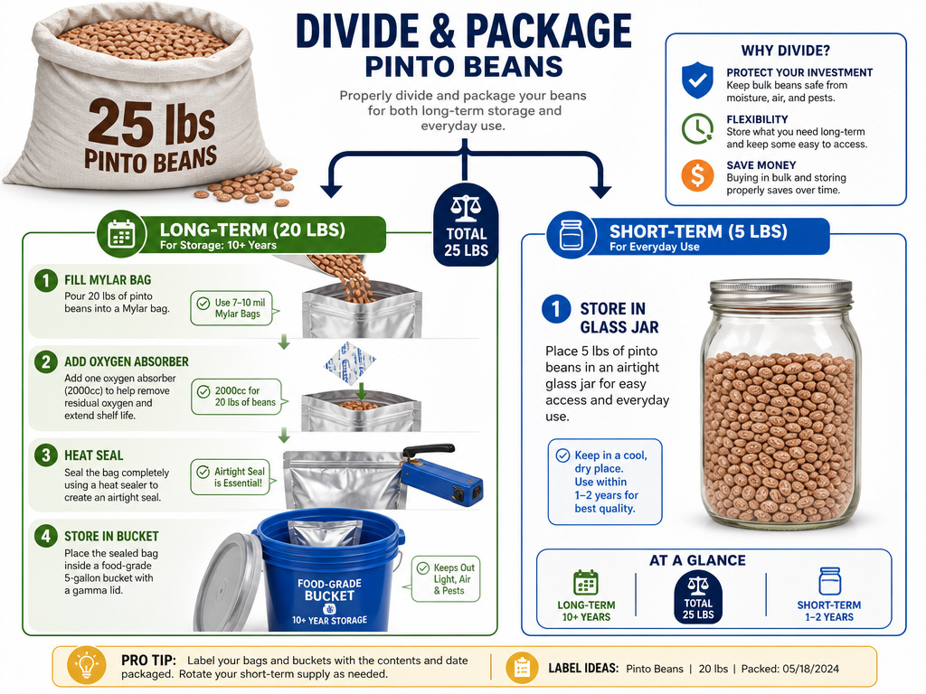 Infographic on dividing and sealing dry pinto beans for long-term food storage.
