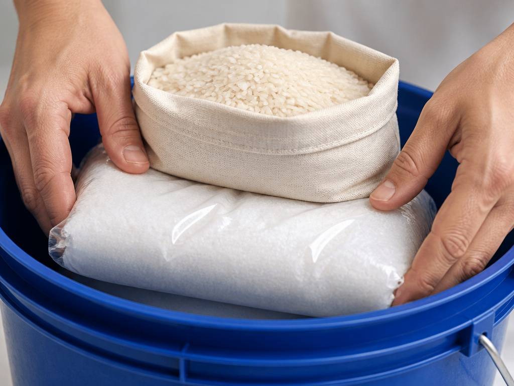 Storing salt long term in a sealed bucket with a rice moisture absorber