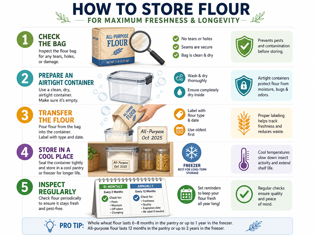 Infographic showing five steps for properly storing a new bag of flour.