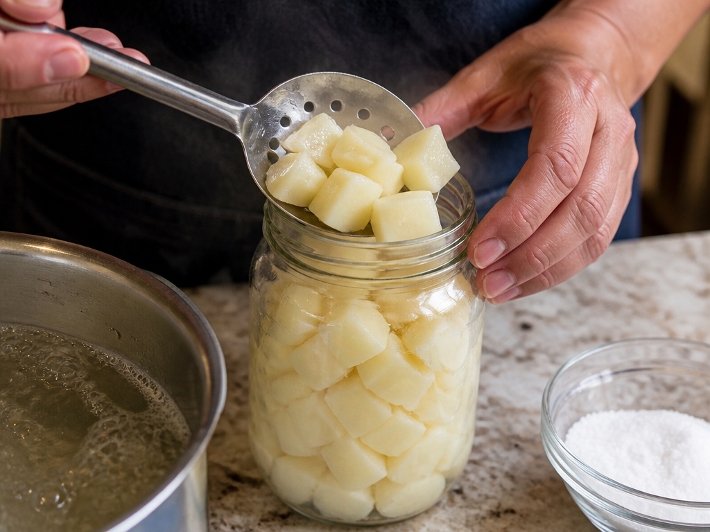Hands packing hot cubed potatoes into a jar during the canning process.