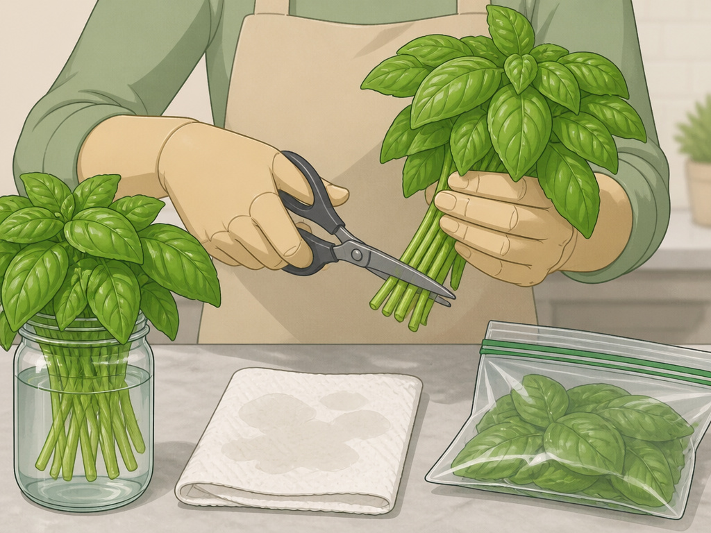 Three methods for storing fresh basil in water, a bag, and the refrigerator.