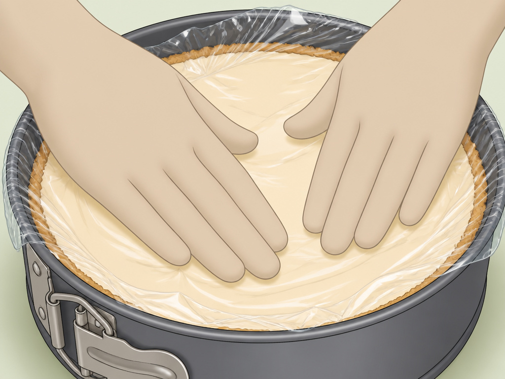 Hands sealing cheesecake with plastic wrap for airtight fridge storage.